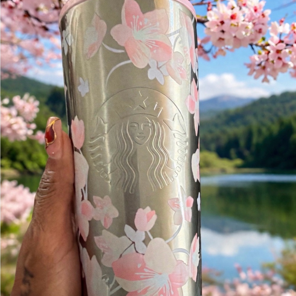 Starbucks Pink Cherry Blossom Floral Tumbler - Silver Body